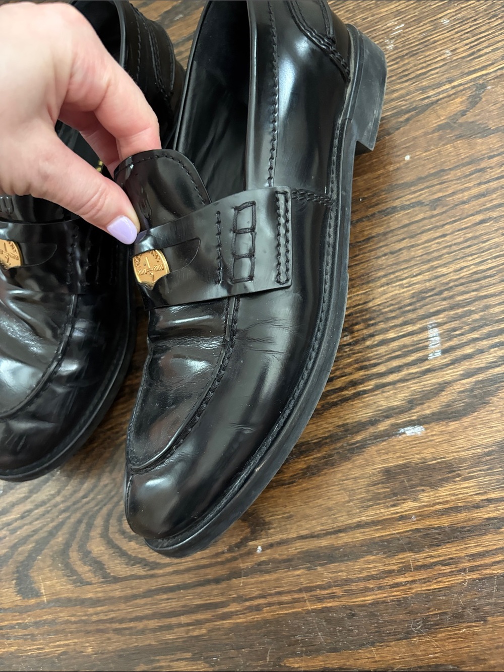 Miu Miu Black Leather Penny Loafers with Gold Accent - Picture 4 of 12